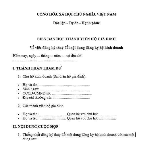 Mẫu Biên bản họp thành viên hộ gia đình về việc đăng ký thay đổi nội dung đăng ký hộ kinh doanh