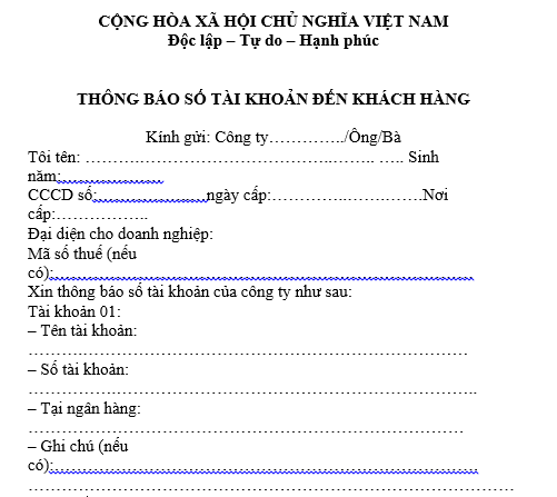 Mẫu thông báo số tài khoản đến khách hàng