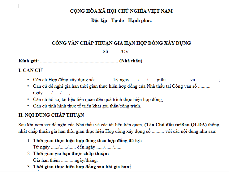 Mẫu Công văn chấp thuận gia hạn hợp đồng xây dựng mới nhất 2026