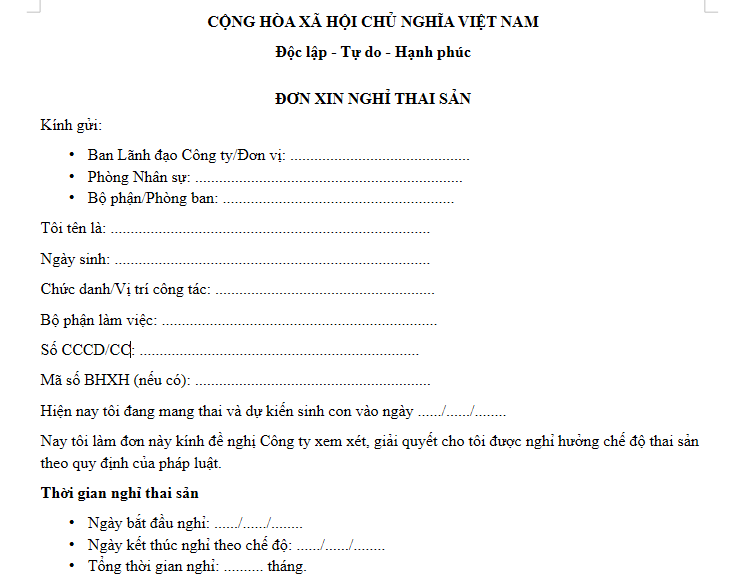 Mẫu Đơn xin phép nghỉ thai sản sinh con thứ 2 của lao động nữ mới nhất 2026
