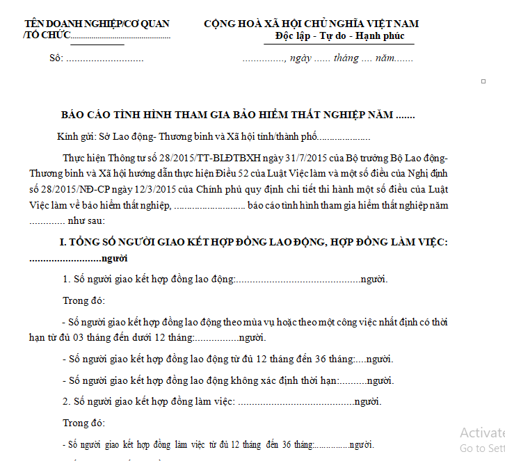 Mẫu báo cáo tình hình tham gia bảo hiểm thất nghiệp cho Sở Lao động - Thương binh và Xã hội