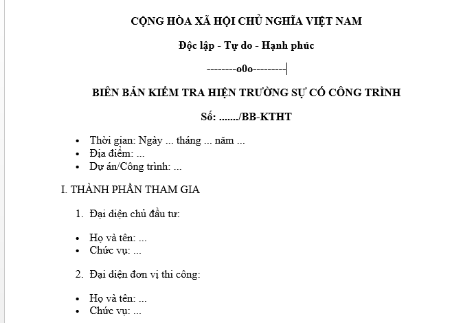 Mẫu biên bản kiểm tra hiện trường sự cố công trình xây dựng