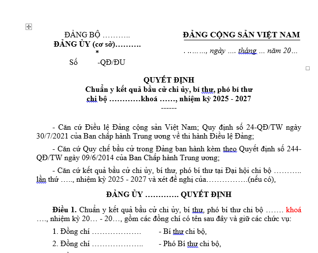 Mẫu quyết định của đảng ủy cơ sở về chuẩn y kết quả bầu cử chi ủy, bí thư, phó bí thư chi bộ