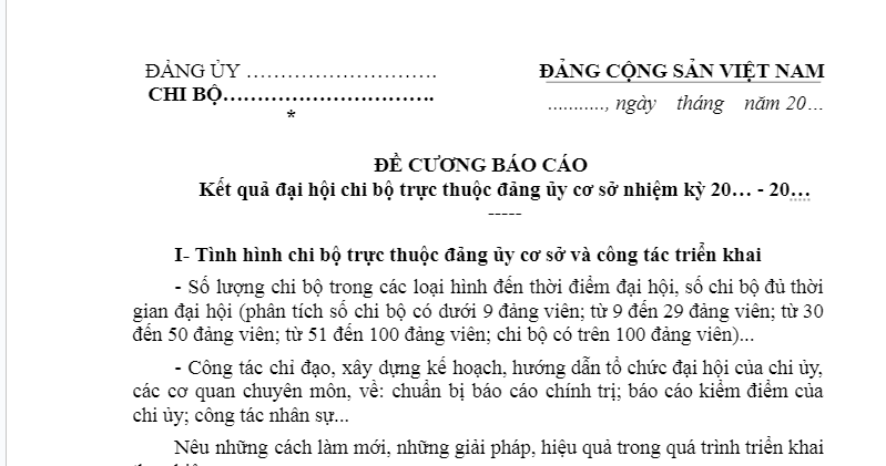 Mẫu Đề cương báo cáo kết quả đại hội chi bộ trực thuộc đảng ủy cơ sở