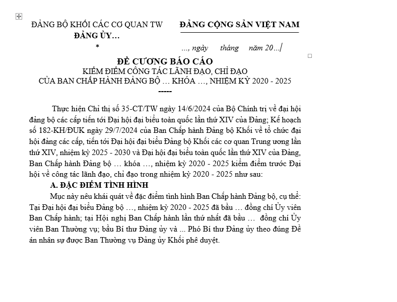 Mẫu Đề cương báo cáo kiểm điểm về công tác lãnh đạo, chỉ đạo của ban chấp hành đảng bộ