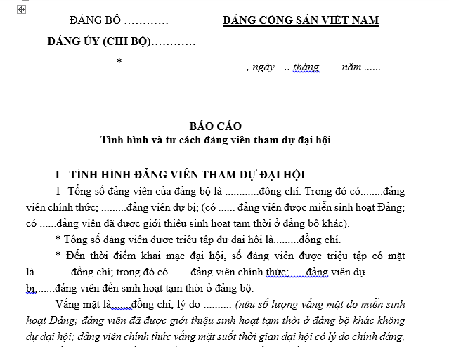 Mẫu Báo cáo tình hình và tư cách đảng viên tham dự đại hội đảng bộ