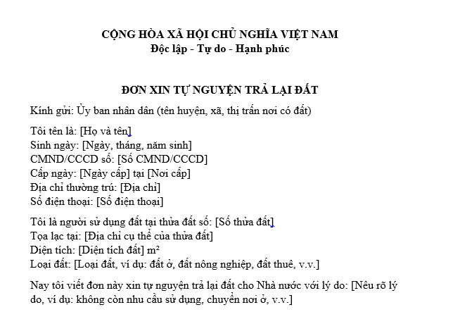 Mẫu Đơn xin tự nguyện trả lại đất cho Nhà nước