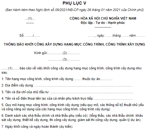 Mẫu Thông báo khởi công xây dựng hạng mục công trình, công trình xây dựng theo Nghị định 06