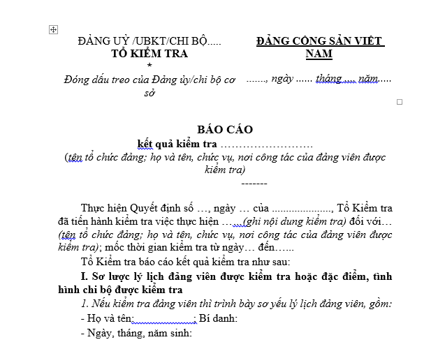 Mẫu Báo cáo kết quả kiểm tra dùng cho các Tổ kiểm tra của Đảng ủy, Ủy ban kiểm tra, Chi bộ