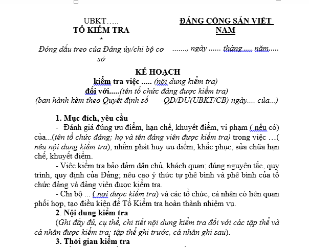 Mẫu kế hoạch kiểm tra giám sát tổ chức đảng của Ủy ban kiểm tra các cấp