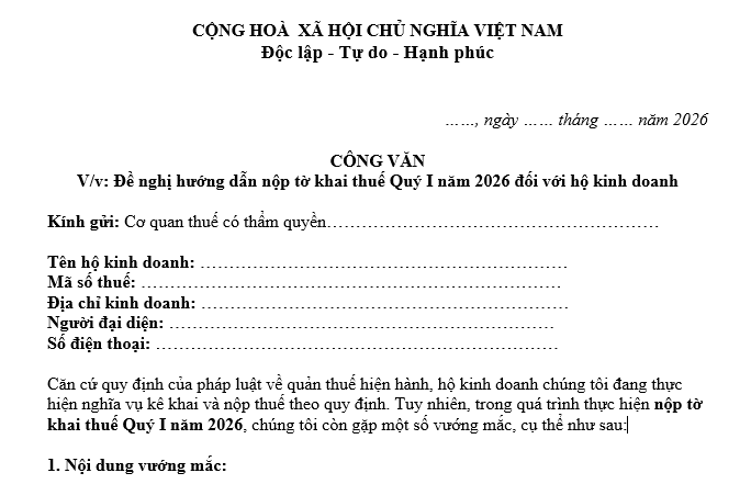 Mẫu Công văn đề nghị hướng dẫn nộp tờ khai thuế Quý 1/2026 của hộ kinh doanh gửi Cơ quan thuế