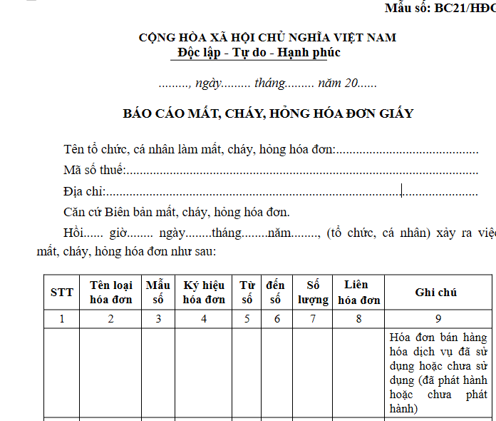 Mẫu Báo cáo mất, cháy, hỏng hóa đơn giấy in đã mua của cơ quan thuế mới nhất 2026