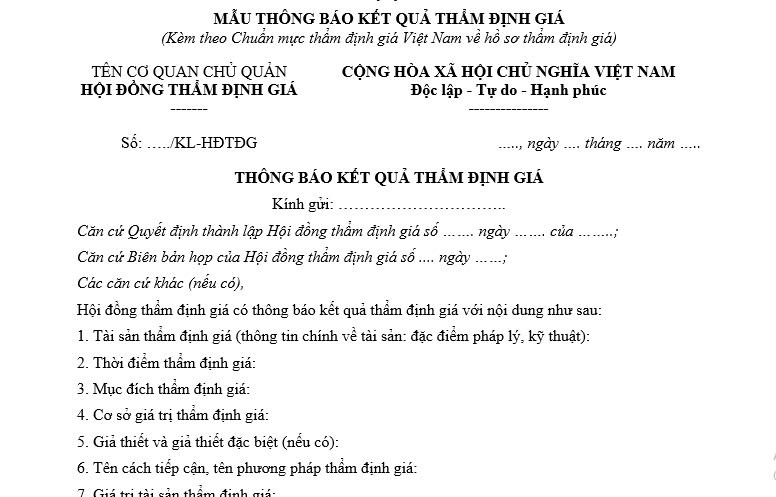 Mẫu thông báo kết quả thẩm định giá 