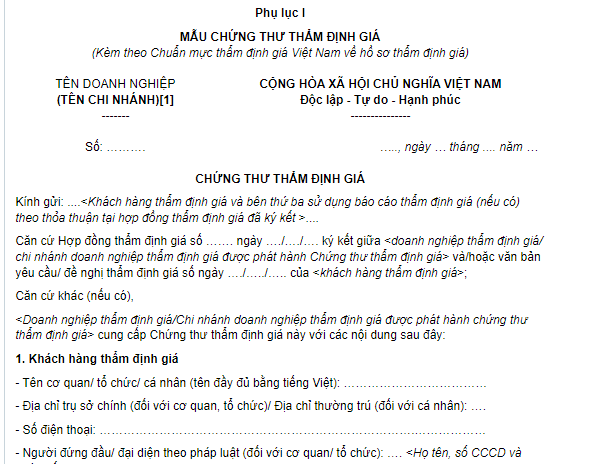 Mẫu Chứng thư thẩm định giá