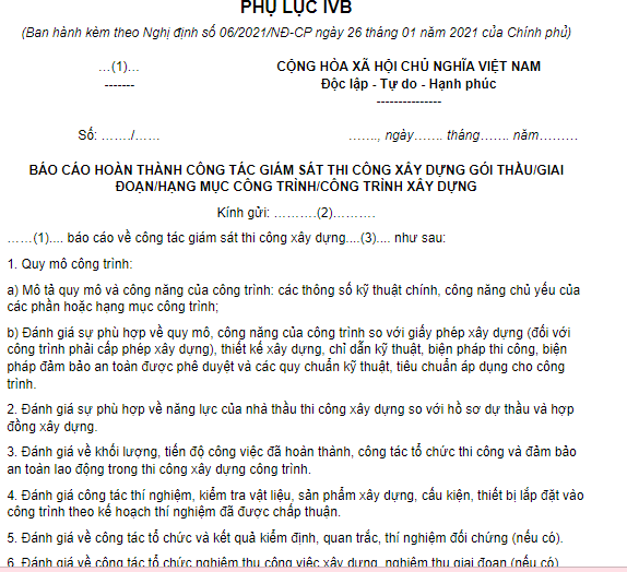 Mẫu báo cáo hoàn thành công tác giám sát thi công xây dựng gói thầu/giai đoạn/hạng mục công trình/công trình xây dựng