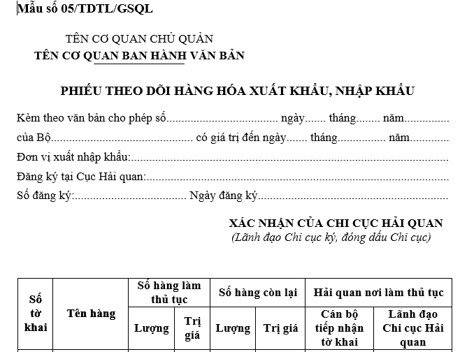 Mẫu phiếu theo dõi hàng hóa xuất nhập khẩu mới nhất