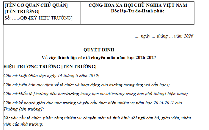 Mẫu Quyết định thành lập tổ chuyên môn năm học 2026 2027