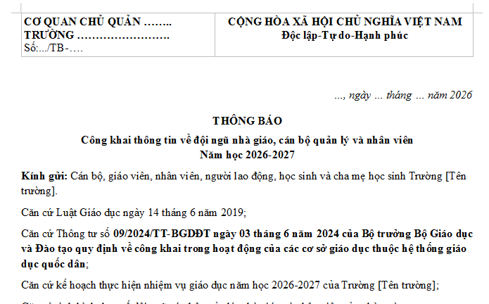 Mẫu Thông báo công khai thông tin đội ngũ nhà giáo, cán bộ quản lý và nhân viên năm học 2026 2027