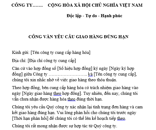  Mẫu Công văn yêu cầu giao hàng đúng hạn trong thương mại