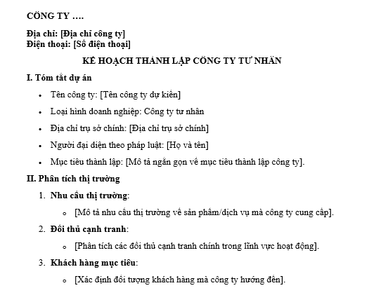  Mẫu Kế hoạch thành lập công ty tư nhân