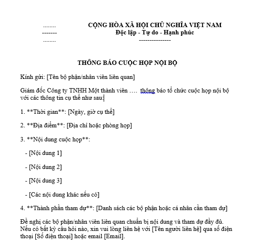 Mẫu thông báo cuộc họp nội bộ của giám đốc công ty trách nhiệm hữu hạn một thành viên