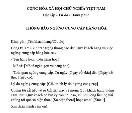 Mẫu thông báo ngừng cung cấp hàng hóa theo hợp đồng mua bán hàng hóa