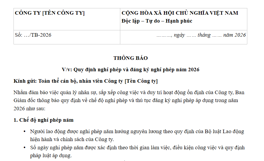 Mẫu thông báo quy định nghỉ phép của công ty 2026
