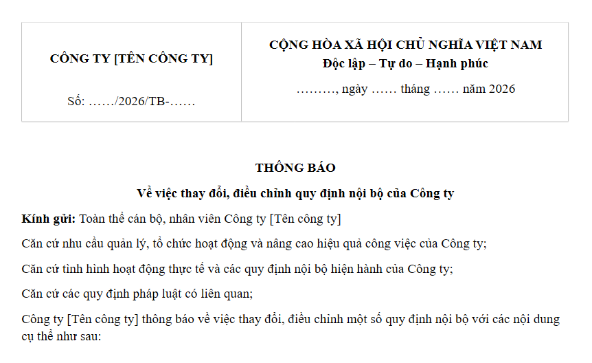 Mẫu thông báo thay đổi quy định công ty 2026