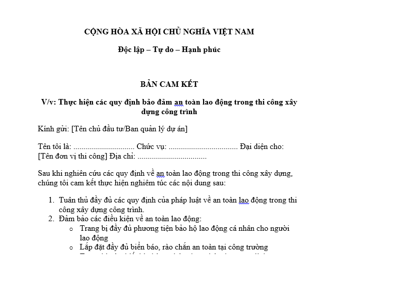 Mẫu bản cam kết thực hiện các quy định bảo đảm an toàn lao động trong thi công xây dựng công trình