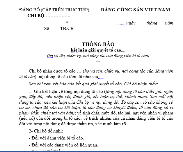 Mẫu báo cáo kết quả giải quyết tố cáo đảng viên của tổ kiểm tra do chi bộ thành lập