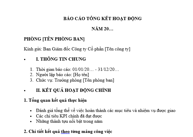 Mẫu báo cáo tổng kết cuối năm của phòng ban cho giám đốc CTCP