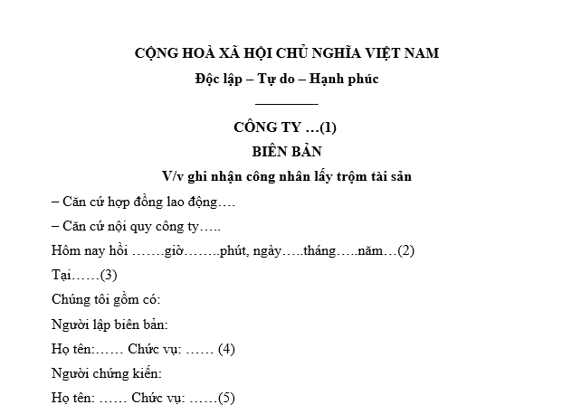 Mẫu biên bản ghi nhận công nhân lấy trộm tài sản công ty