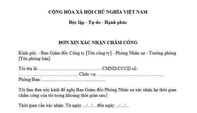 Mẫu đơn xin xác nhận chấm công mới nhất dành cho người lao động quên chấm công