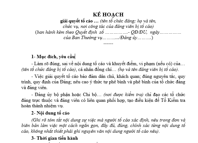  Mẫu Kế hoạch giải quyết tố cáo của Đảng ủy cơ sở đối với tổ chức đảng, đảng viên mới nhất