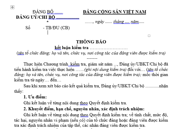 Mẫu Thông báo kết luận kiểm tra đảng viên của Chi bộ