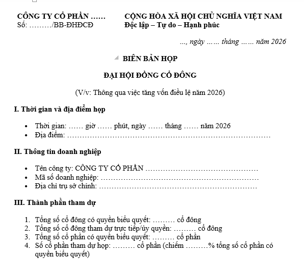 Mẫu Biên bản họp tăng vốn điều lệ công ty cổ phần năm 2026 của đại hội đồng cổ đông? Tải mẫu biên bản họp tăng vốn điều lệ? 
