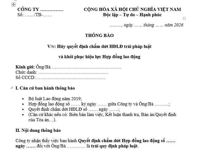 Mẫu Thông báo hủy quyết định chấm dứt HĐLĐ trái pháp luật khôi phục hiệu lực hợp đồng