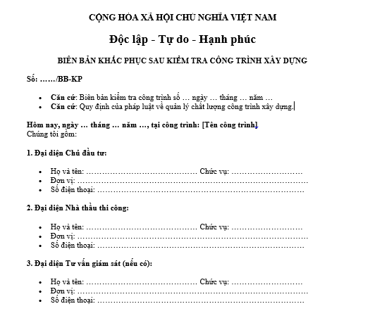 Mẫu Biên bản khắc phục sau kiểm tra công trình xây dựng