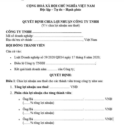 Mẫu quyết định chia lợi nhuận công ty TNHH sau thuế