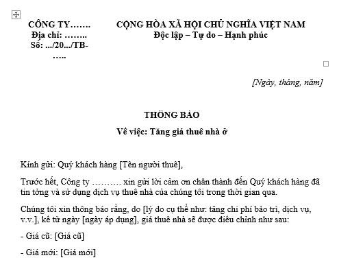 Mẫu thông báo tăng giá thuê văn phòng gửi khách hàng