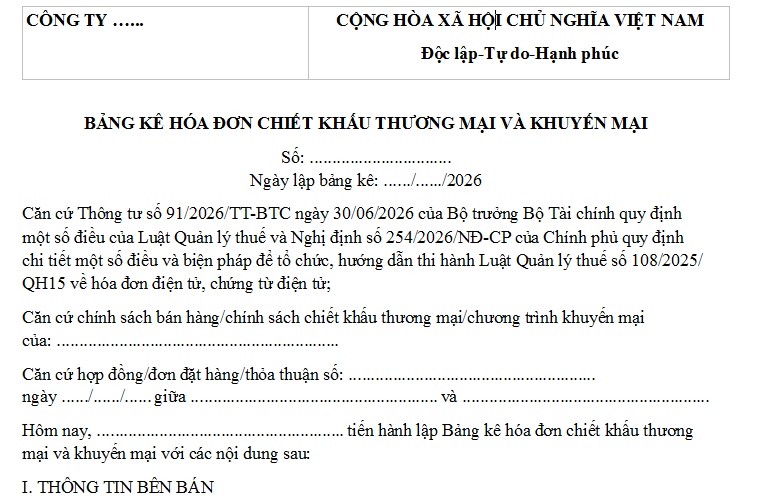 Có thể tham khảo Mẫu Bảng kê hóa đơn chiết khấu thương mại dưới đây: