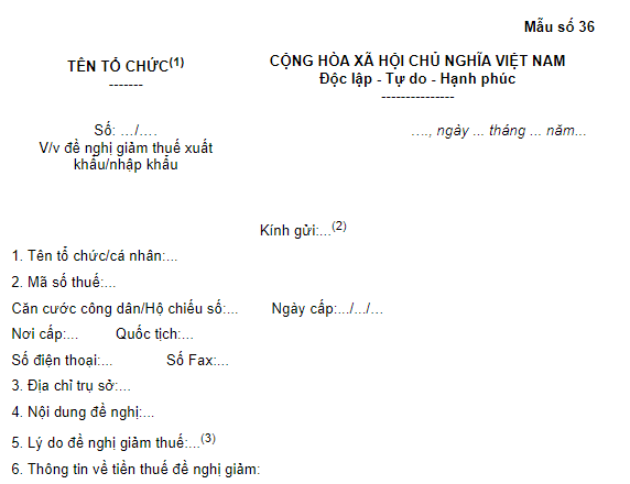 Mẫu Công văn đề nghị giảm thuế xuất khẩu nhập khẩu 2026 (mẫu số 36)