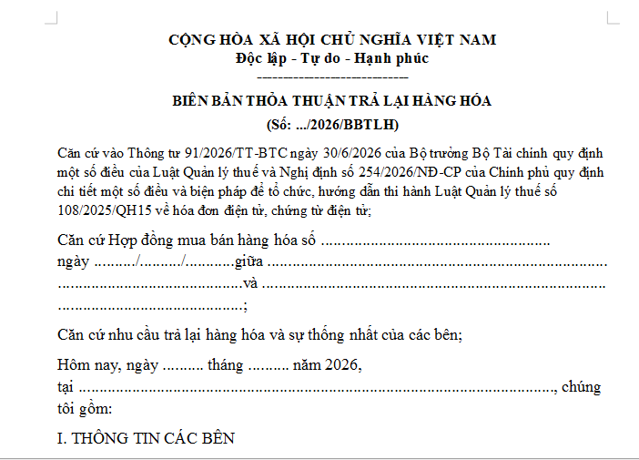 Mẫu Văn bản thỏa thuận trả lại hàng hóa 2026