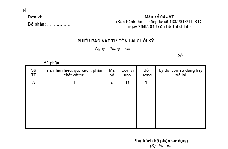 Mẫu phiếu báo vật tư còn lại cuối kỳ áp dụng cho doanh nghiệp vừa và nhỏ theo Thông tư 133/2016/TT-BTC