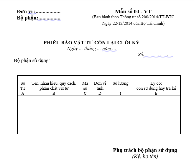 Mẫu Phiếu báo vật tư còn lại cuối kỳ theo Thông tư 200/2014/TT-BTC