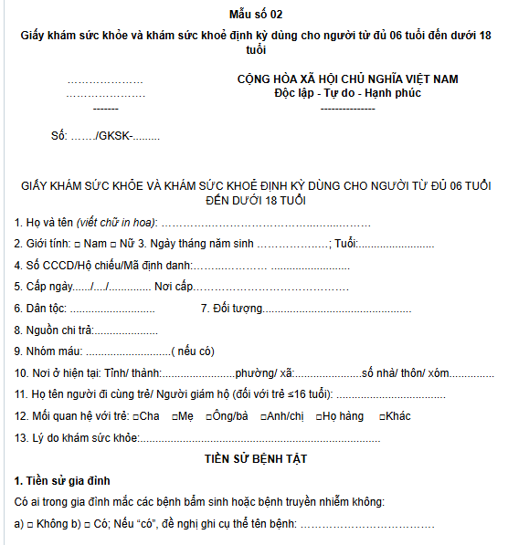Mẫu số 02 Giấy khám sức khỏe và khám sức khoẻ định kỳ dùng cho người từ đủ 06 tuổi đến dưới 18 tuổi theo Thông tư 25 là mẫu nào? 