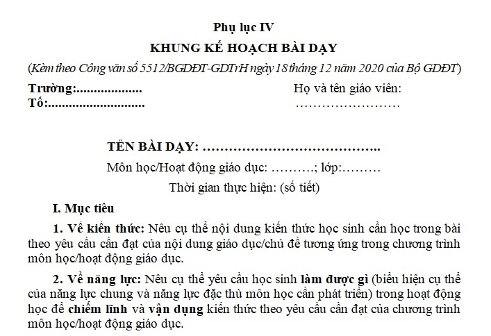 Mẫu kế hoạch bài dạy dành cho giáo viên cấp 2, cấp 3