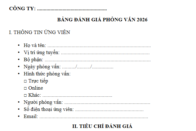 ẫu Bảng đánh giá phỏng vấn mới nhất 2026