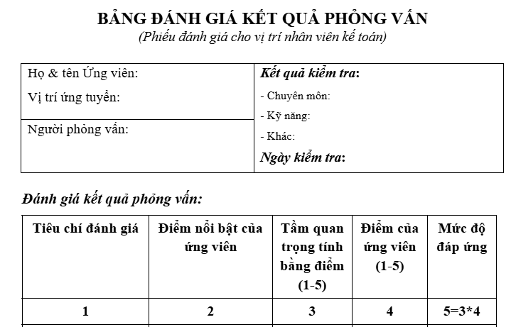 Mẫu Phiếu đánh giá kết quả phỏng vấn cho vị trí nhân viên kế toán 2026