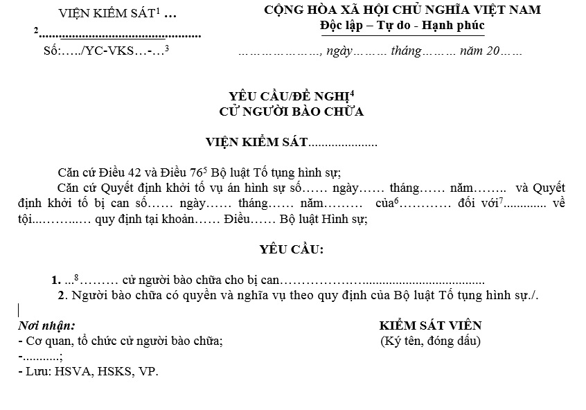  Mẫu đơn yêu cầu/đề nghị cử người bào chữa của Viện kiểm sát nhân dân tối cao mới nhất 